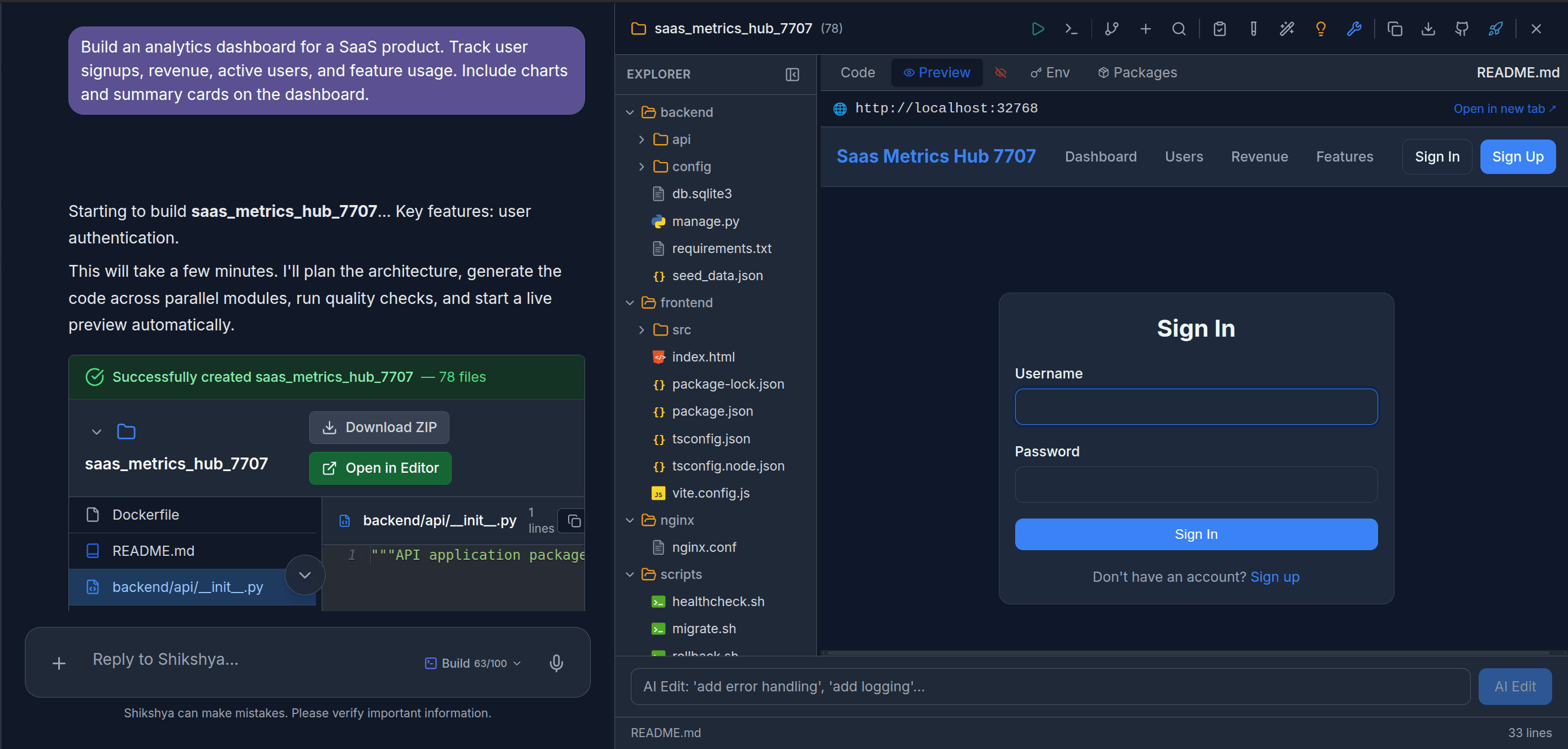 Shikshya IDE showing a generated SaaS dashboard with prompt, file tree and live preview