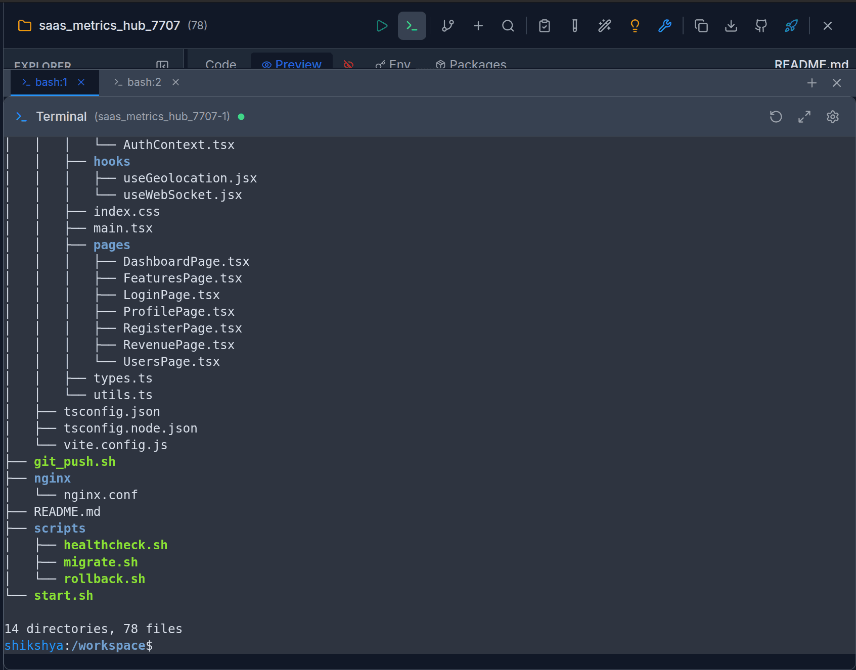 Terminal showing the generated project structure
